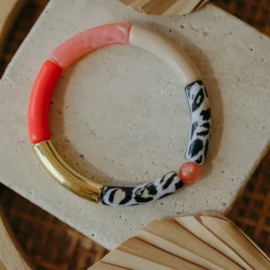 Perlenarmband 023 mit Tube Perlen in Gold, Beige, Pink und Leo-Print